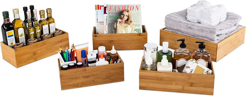 Seville Classics Bamboo Wood Storage Bins - Organizer Boxes for Kitchen, Pantry, Closet, Office (5 Piece 3-Size Set)