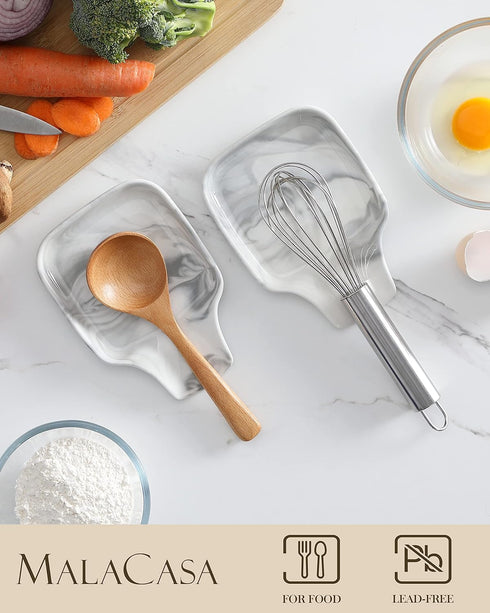 MALACASA Large Spoon Rest, Marble Grey Porcelain Holder for Kitchen Counter, Utensils Rests for Spatula, Ladle, Tongs