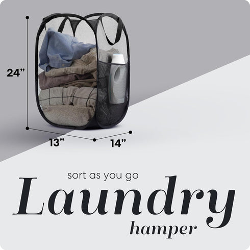 Handy Laundry Collapsible Mesh Pop Up Hamper, Wide Opening with Side Pocket - Sturdy, Foldable Design (Black | 2-Pack)