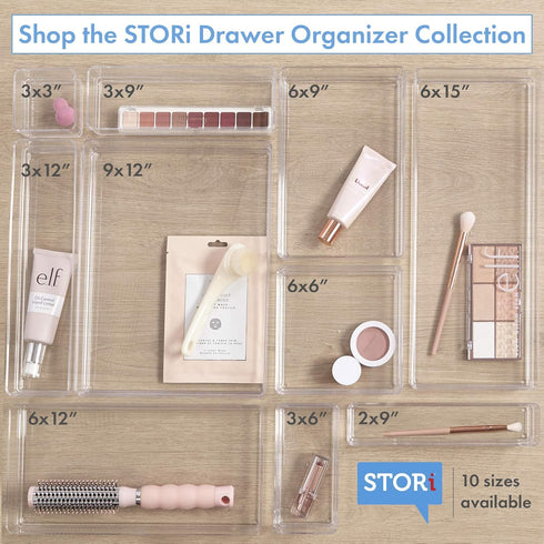 STORi SimpleSort 2-Piece Stackable Clear Drawer Organizer Set, 15" x 6" x 2" Rectangle Trays for Makeup and Office