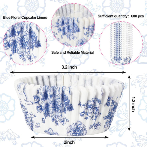 600Pcs Blue Floral Cupcake Liners Chinoiserie White Blue Flower Cupcake Wrappers Paper Disposable Decorative Muffin Brownie Cups for Baking Party Supplies by JarThenaAMCS