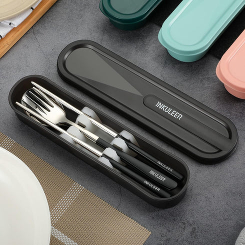 Travel cutlery set, 18/8 stainless steel cutlery, Reusable utensils set with case, Portable Silverware Lunch Box for Camping and Office by inkuleer