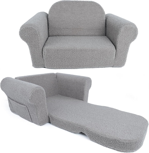 Hrebr Chairs for Toddler, 2-in-1 Toddler Soft Teddy Baby Couch Fold Out, Convertible
