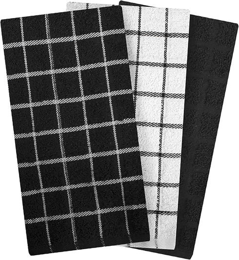 Ritz Premium 100% Cotton Terry Check Kitchen Dish Towels - 3-Pack, Highly Absorbent, 25"x15", Black