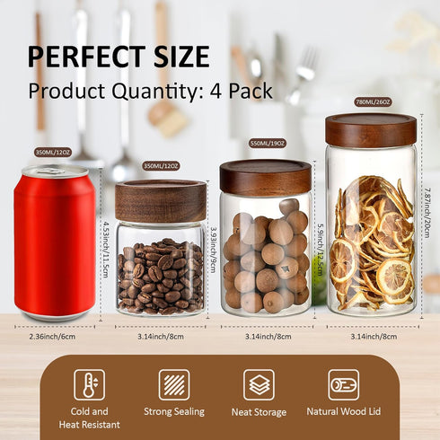 MOLADRI 18 oz/550 ml -4 Pack Clear Glass Storage Canister with Airtight Wooden Lid, Small Overnight Oats Containers