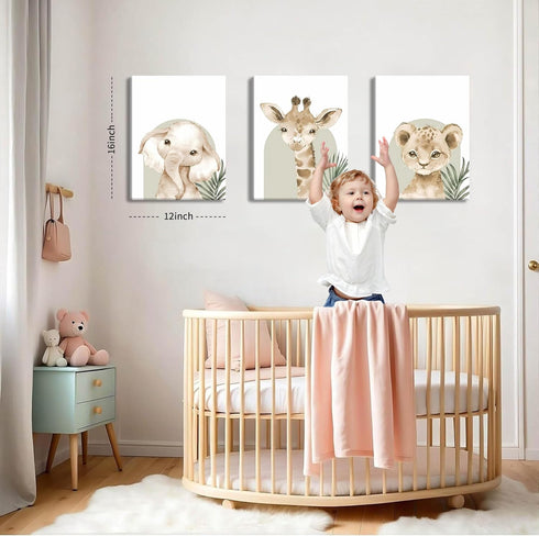 Set 3, 12x16 inch Nursery Wall Decor of Cute Animal Lion Elephant Baby Pictures Poster Prints, Giraffe Jungle Canvas