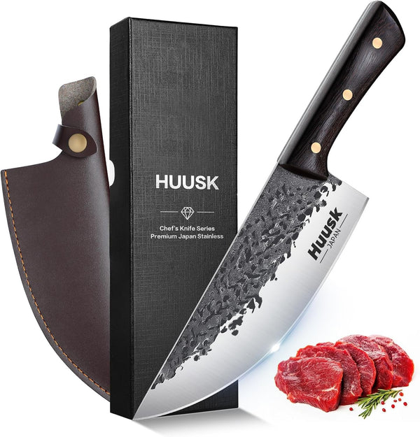 Huusk Butcher Knife, Hand Forged Meat Cleaver Knife, Japanese High Carbon Steel for Outdoor Cooking, Great Christmas