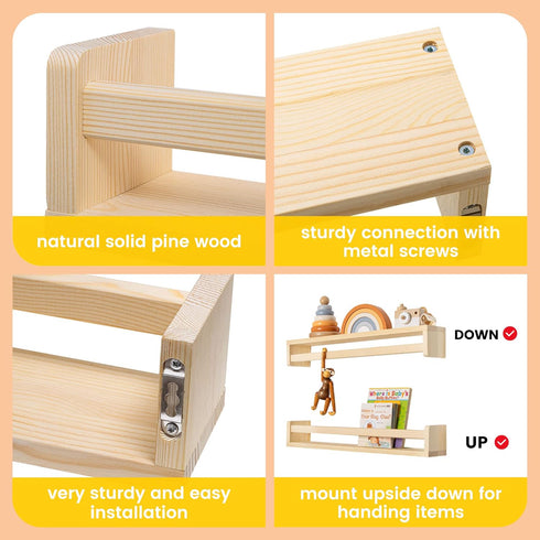 24Inch Set 2 Fun Memories Nursery Book Shelves, Floating Shelf for Wall, Wall Bookshelf for Kids Solid Wood Wall