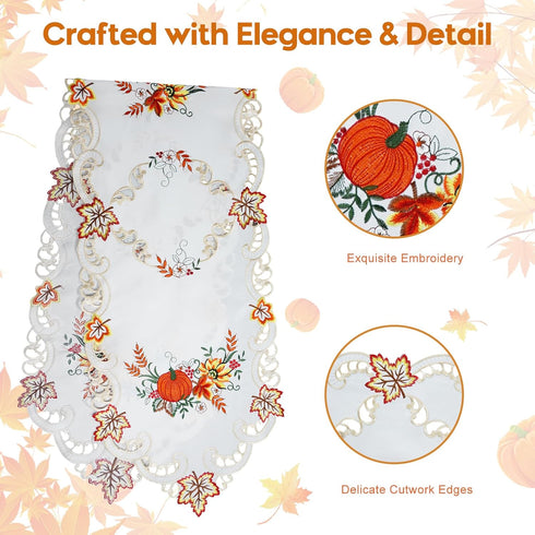 Jovialix 90 Inches Thanksgiving Fall Table Runner Long - Ivory Cutwork Lace with Embroidered Pumpkins & Maple Leaves