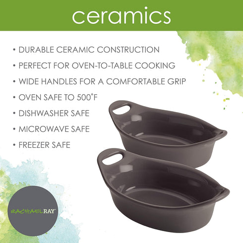 Rachael Ray Solid Glaze Ceramics Au Gratin Bakeware Set - 2 Piece, Oval Gray