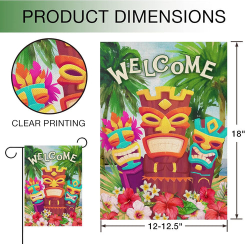 Welcome Summer Tiki Aloha Hibiscus Frangipani Flower Garden Flag, Tropical Outdoor Small Decor for Home