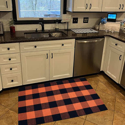 Cotton Orange and Black Plaid Rug - 27.5''x43'' Hand-Woven Washable Decorative Mat for Fall Outdoor Entryway