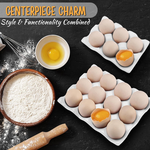 Flexzion 12 + 6 Cups Ceramic Egg Holder - 18 Porcelain Egg Tray Container for Refrigerator Countertop Display