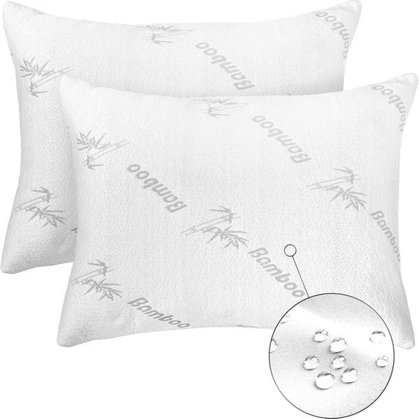 2 Pack Waterproof Viscose Bamboo Pillow Protectors, Standard 20x26 Zippered Case, Ultra Plush Absorbent - White