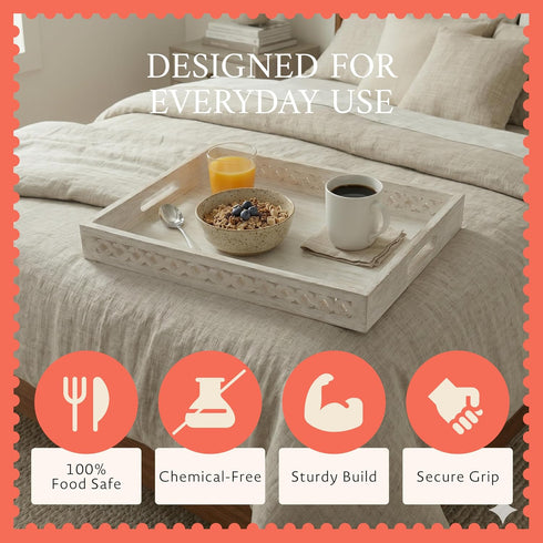 Countertop, 16 12 2.5 Mela Artisans Trellis Whitewash Mango Wood Serving Tray with Handles Handcrafted Wooden Tray