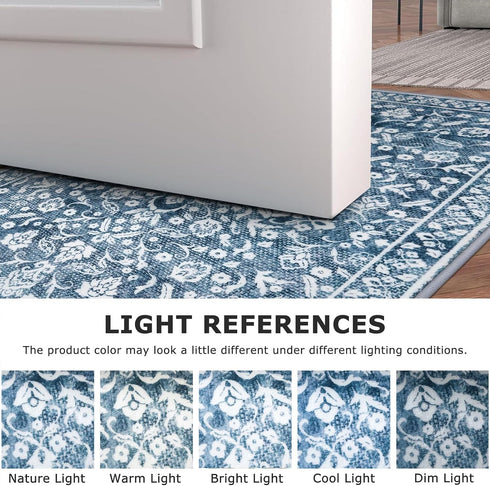 2x5 Vintage Washable Rug, Blue and White Hallway Runner, Super Soft Non-Slip Kitchen Runner, Print Faux Wool Floral