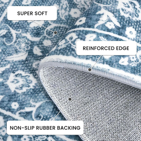 2x5 Vintage Washable Rug, Blue and White Hallway Runner, Super Soft Non-Slip Kitchen Runner, Print Faux Wool Floral
