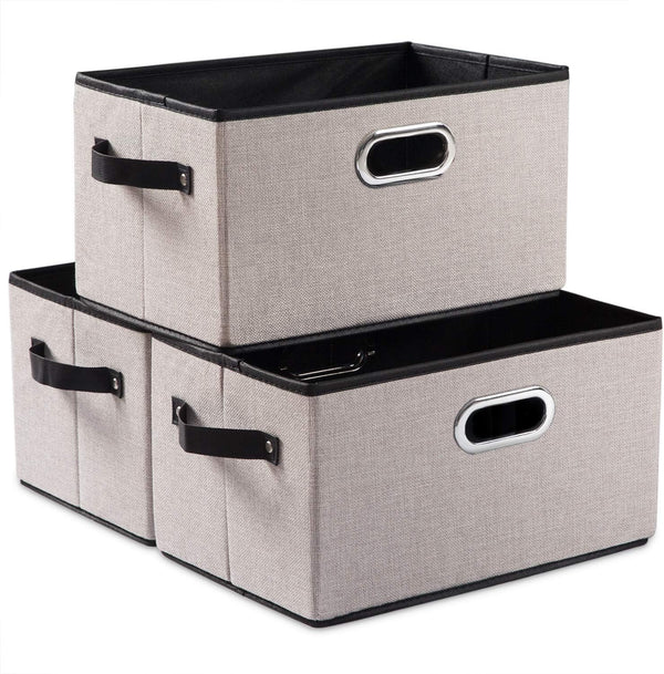 PRANDOM 3-Pack Foldable Storage Bins for Closet, Decorative Fabric Storage Baskets with Leather/Metal Handles, Light