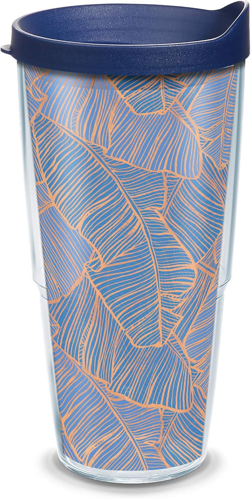 Tervis 24oz Navy Banana Palms Double Walled Insulated Tumbler Travel Cup, Keeps Drinks Cold & Hot, Clear