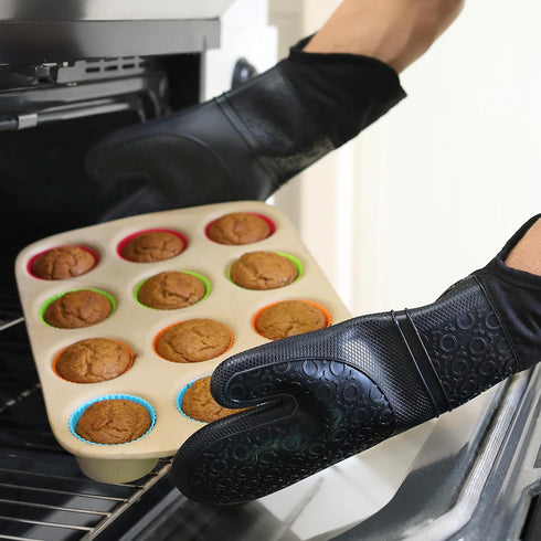 HOMWE Extra Long Professional Silicone Oven Mitt - Heat Resistant Pot Holders, Flexible Oven Gloves, Black, 1 Pair
