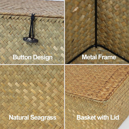 Set of 2 Seagrass Woven Storage Baskets with Lid, Decorative Bins for Organizing Home