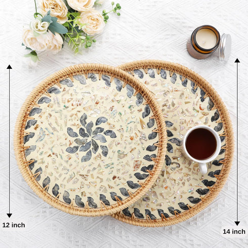 14" Terrekraft Large Rattan Serving Tray with Mother of Pearl, Round Coffee Table Tray Decor, Boho Decorative