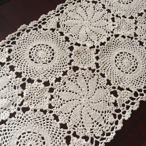 Abreeze Rustic Floral Table Runner, Hand Crochet Table Doily, Beige Cotton Lace Table Decoration 15.7"X59"