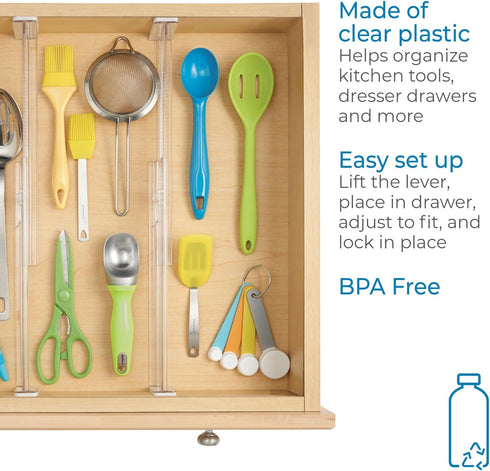 iDesign Plastic Adjustable Deep Drawer Divider, Set of 2, Expandable 13.25” – 20.75”, Clear