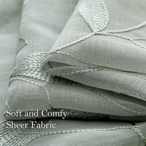 HOMEIDEAS Sage Green Sheer Curtains, 52 x 54 Inch Length, 2 Panels Embroidered Leaf Pattern for Bedroom and Kitchen