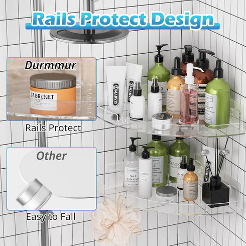 Durmmur 2 Pack 4 Acrylic Corner Shower Caddy, Clear Corner Shower Shelf with Hooks, Adhesive Wall Mounted Bathroom