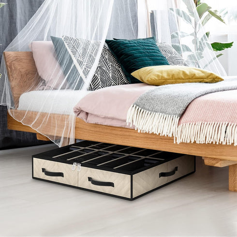 Under Bed Shoe Storage, Set of 2 | Sturdy Sidewalls, Adjustable Dividers, Reinforced Handle, Beige