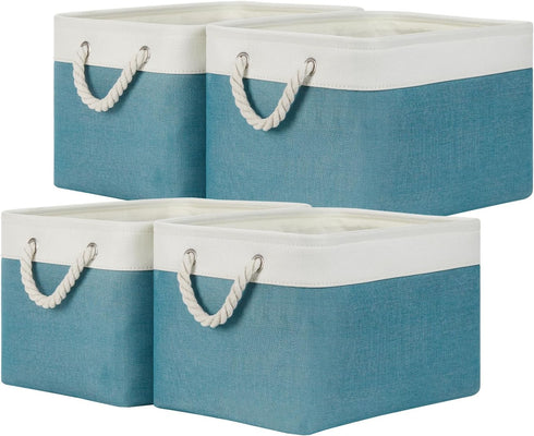 Temary Fabric Storage Baskets 4 Pack, Decorative Bins with Rope Handle for Gift, Clothes, Blankets (White & Teal,
