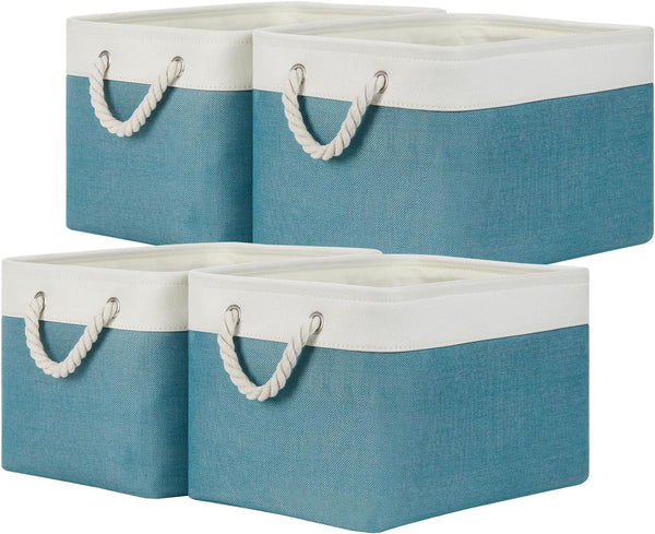 Temary Fabric Storage Baskets 4 Pack, Decorative Bins with Rope Handle for Gift, Clothes, Blankets (White & Teal,