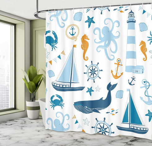 Ambesonne Nautical Shower Curtain, Blue Orange Pastel Composition of Lighthouse Sailboat Fish Shells Octopus, 69" W x