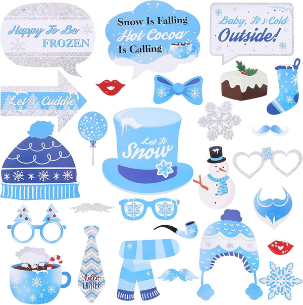27 Pieces Snowflake Photo Booth Props Kit - Holiday and Winter Wonderland Party Decorations for Christmas