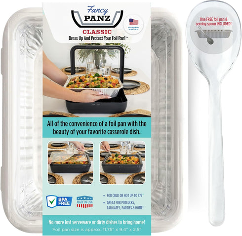 Fancy Panz Classic Serving Tray for Food, USA Made Foil Pan Carrier with Clear Lid, Travel Casserole Carrier