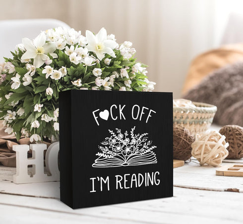 I'm Reading Minimalist Floral Book Wood Box Sign Desk Decor, Black Inspirational Wooden Block Box Sign for Home Reading