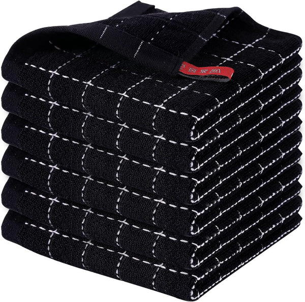 Homaxy 100% Cotton Terry Kitchen Dish Cloths, Ultra Soft and Absorbent, 6 Pack, 12 x 12 Inches, Black
