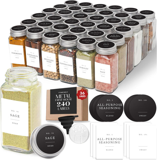 Glass Spice Jars with Labels with Metal Lids and Shakers Farmhouse 36