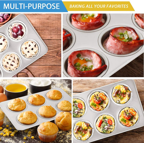 E-far Muffin Pan Set of 2, Stainless Steel 6-Cup Baking Tray, Non-toxic & Healthy, Oven & Dishwasher Safe