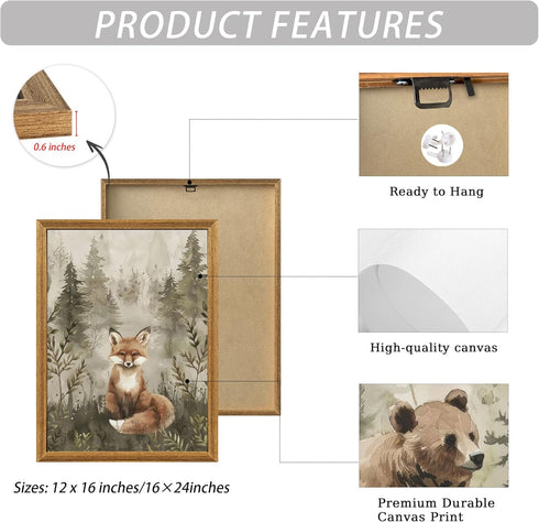 ICHZUMW Set 3, 12x16in Woodland Nursery Decor Wall Art of Cute Forest Animals Canvas Prints Bear Fox Deer Pictures