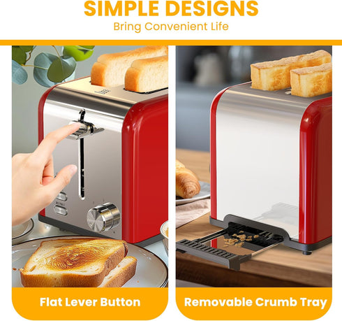 Simple Deluxe 2-Slice Toaster, Red, 6 Browning Settings, 3 Functions, Extra Wide Slot & Removable Crumb Tray