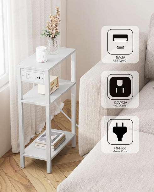 TB01BW079 TUTOTAK Narrow Side Table with Charging Station,Small End Table with USB Ports and Outlets, Skinny Sofa