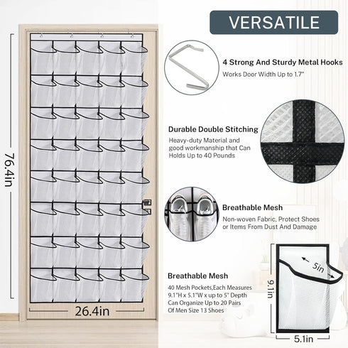 Hualleko 40-Pocket Over the Door Shoe Organizer - Large Mesh Pocket Hanging Shoe Organizer,Behind the Door Shoes