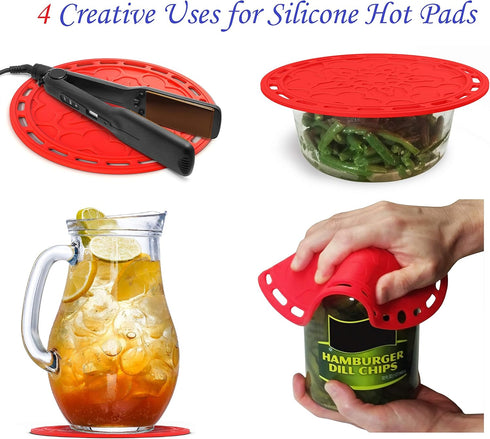 Silicone Hot Pads Set of 4 - 6 in 1 Multi-Purpose Kitchen Tool, Pot Holder, Microwave Cover, Jar Opener, Red, 8 Inches