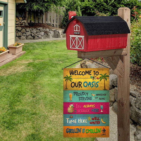 Welcome To Our Oasis Garden Flag, 12.5x18" Summer Party Decorations for Outdoor Beach Bar, Patio, Poolside
