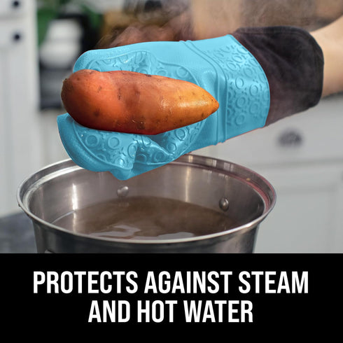 Extra Long Professional Silicone Oven Mitt, Heat Resistant Pot Holders, Flexible Gloves, Aqua, 1 Pair