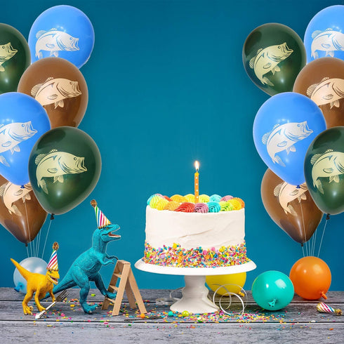 Gone Fishin' Party Balloons (6 pcs.) - 12" Latex Balloons in 3 Vibrant Colors with Largemouth Bass Print