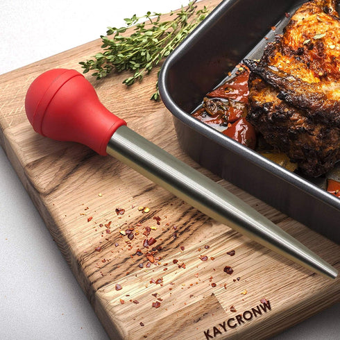 Stainless Steel Turkey Baster with Cleaning Brush - Food Grade Syringe Baster for Cooking & Basting with Needles