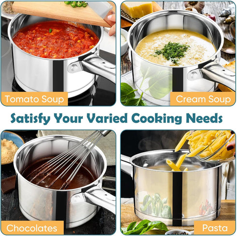 P&P CHEF 3 Quart Saucepan with Lid - Stainless Steel Small Cooking Pot for Induction, Ergonomic Handle & Tri-ply Base